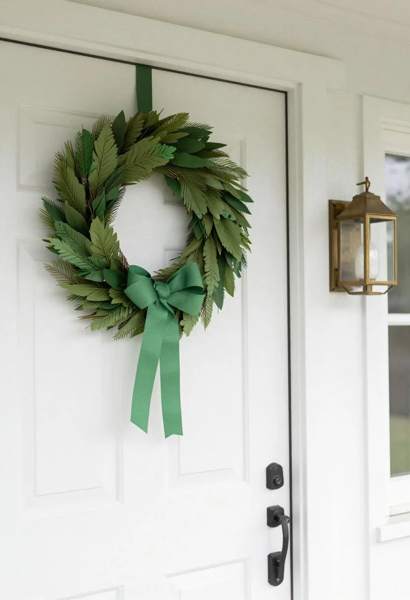 Wasabi botanical paper wreath on whitewashed door with a geometric brass lantern