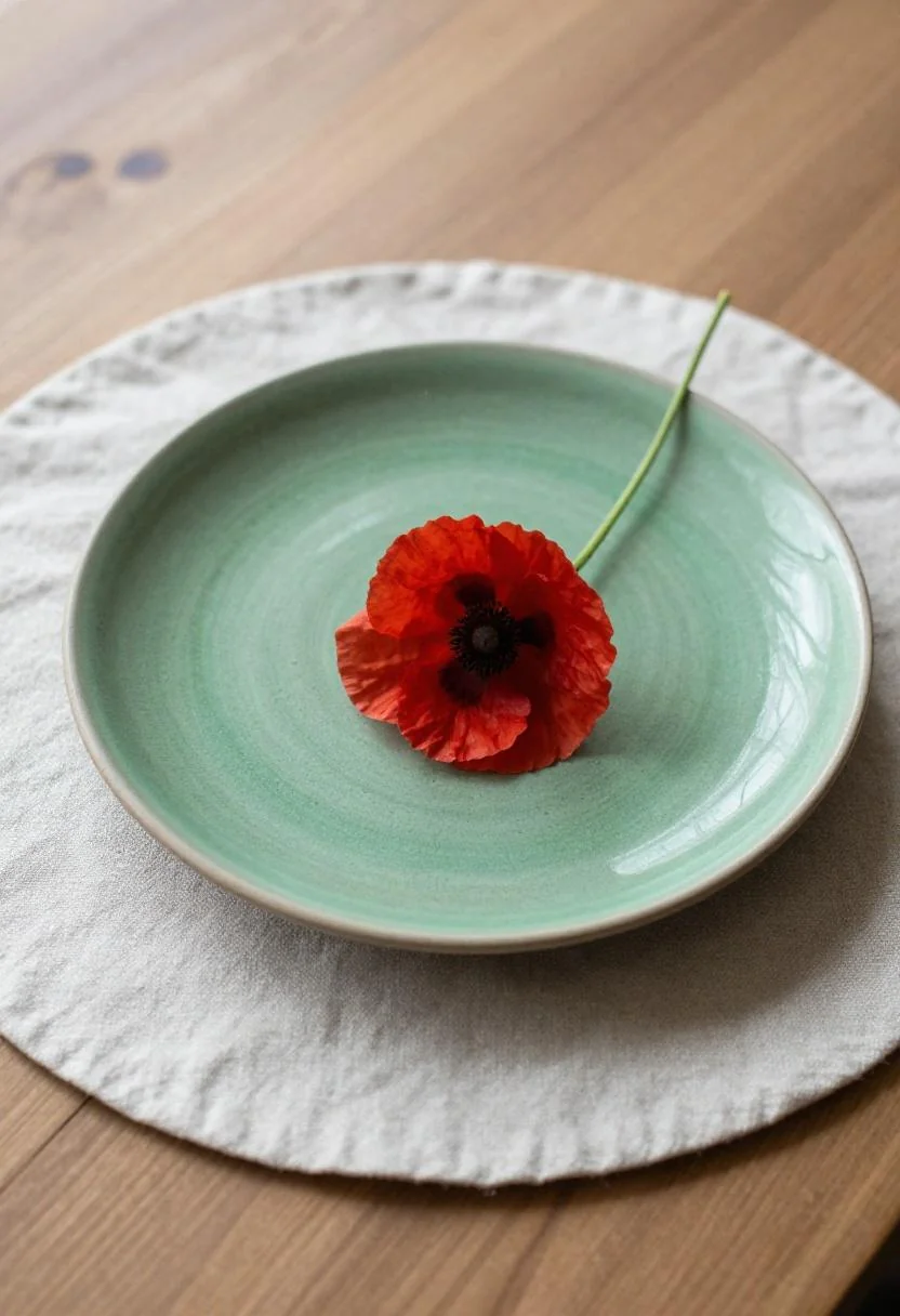 Wasabi ceramic plate with a red poppy on a linen placemat makes a bold minimalist 4th of July table setting