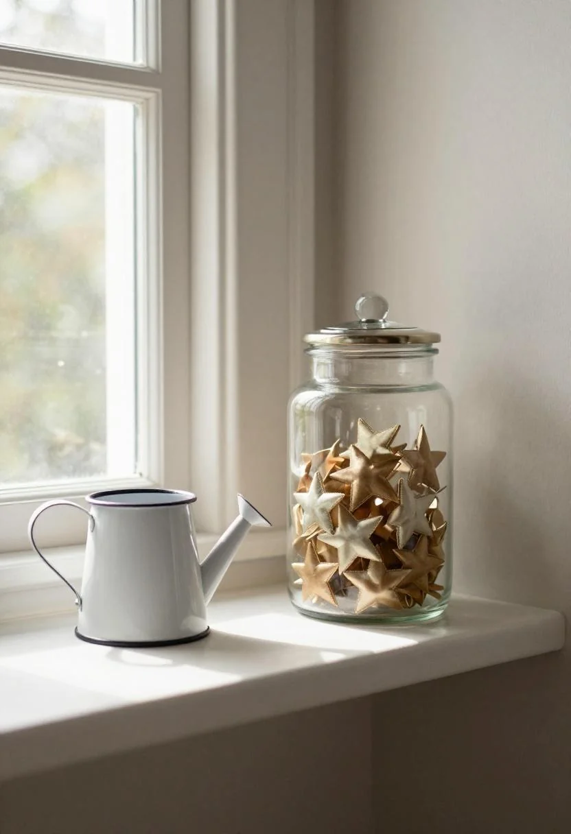 Wasabi ribbon stars in a glass apothecary jar on a Cottagecore bathroom shelf