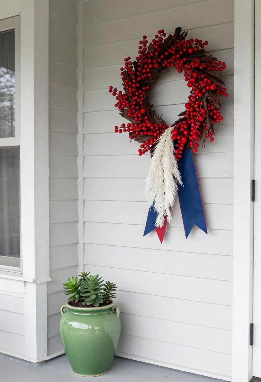 Porch patriotic wreath with pampas grass plumes beside a wasabi green ceramic succulent pot