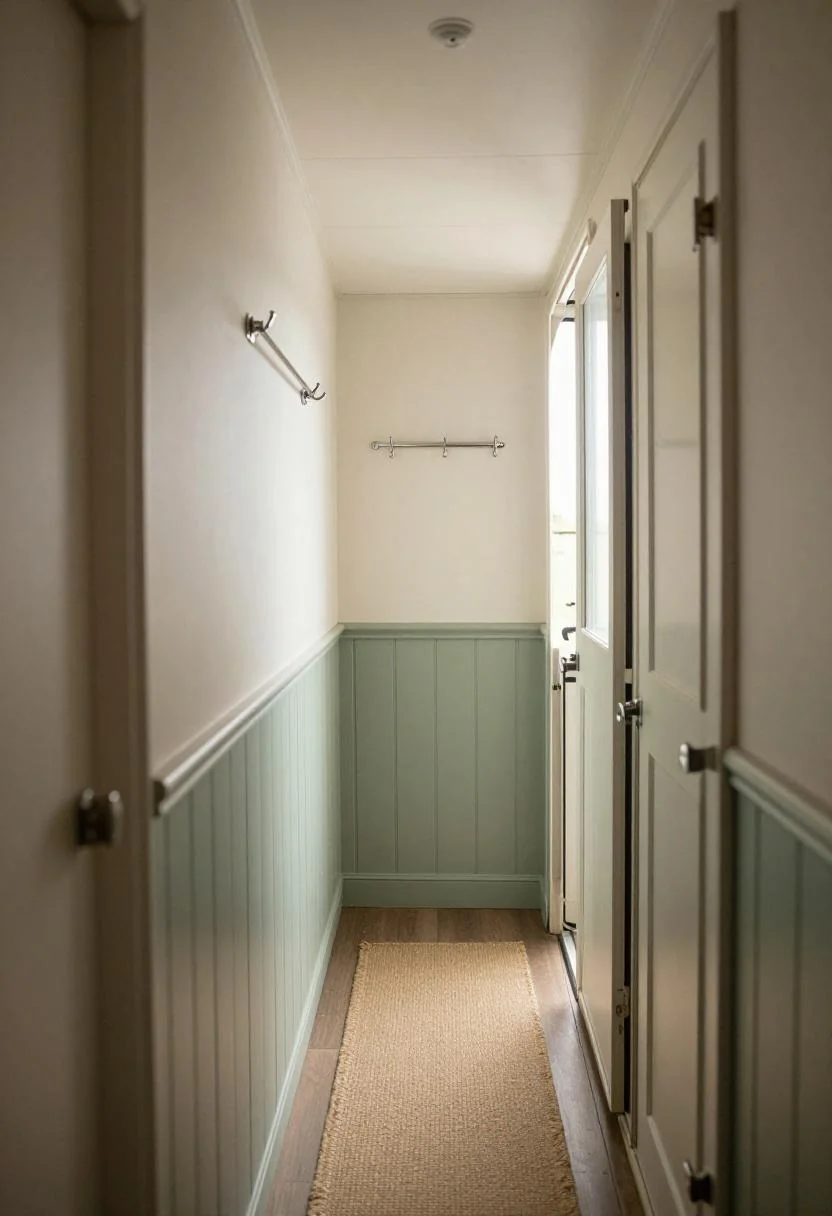 Narrow camper hallway with wasabi tongue-and-groove paneling and wall-mounted coat rail