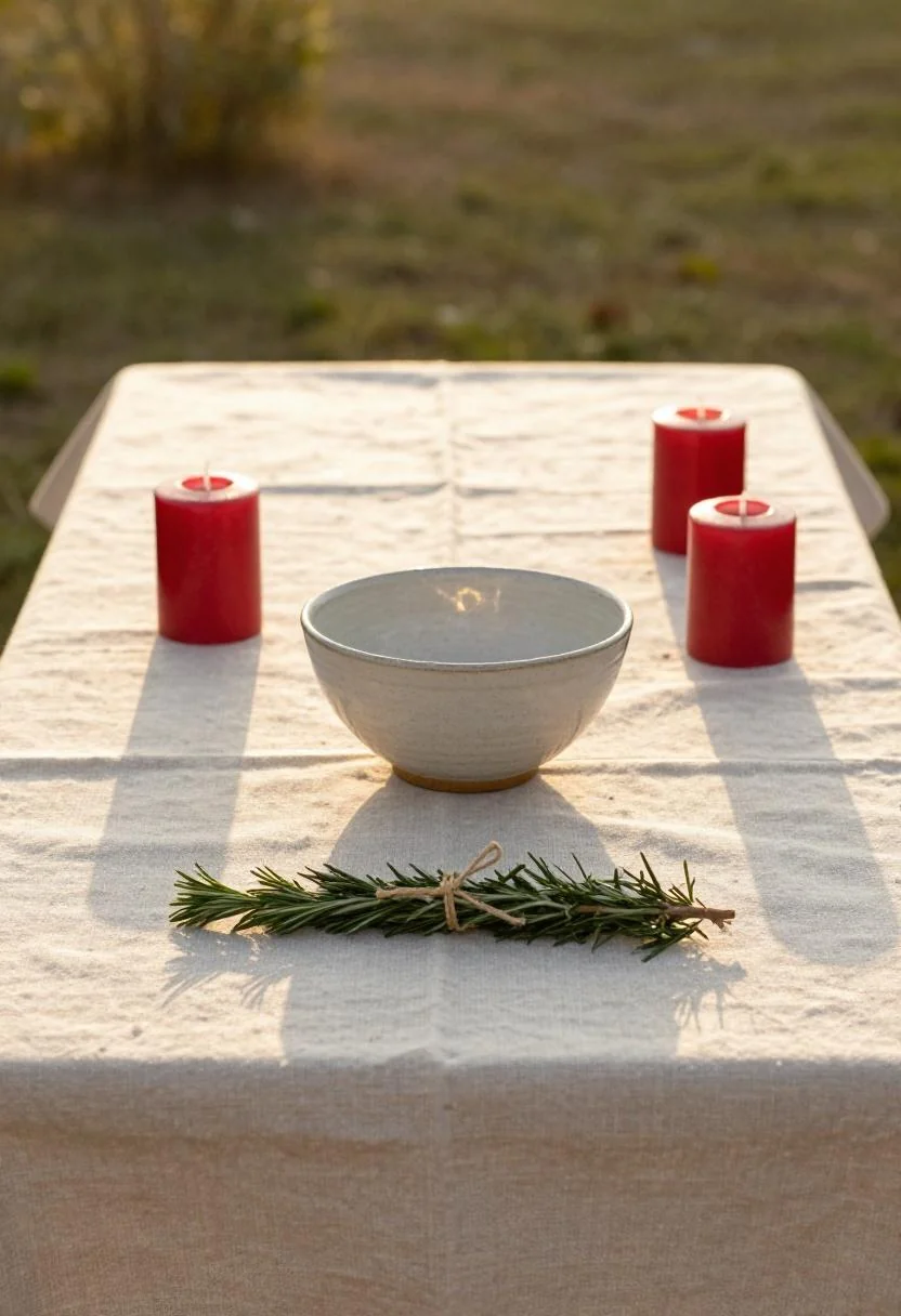 Outdoor linen table with wasabi ceramic bowl, red pillar candles, and fresh rosemary