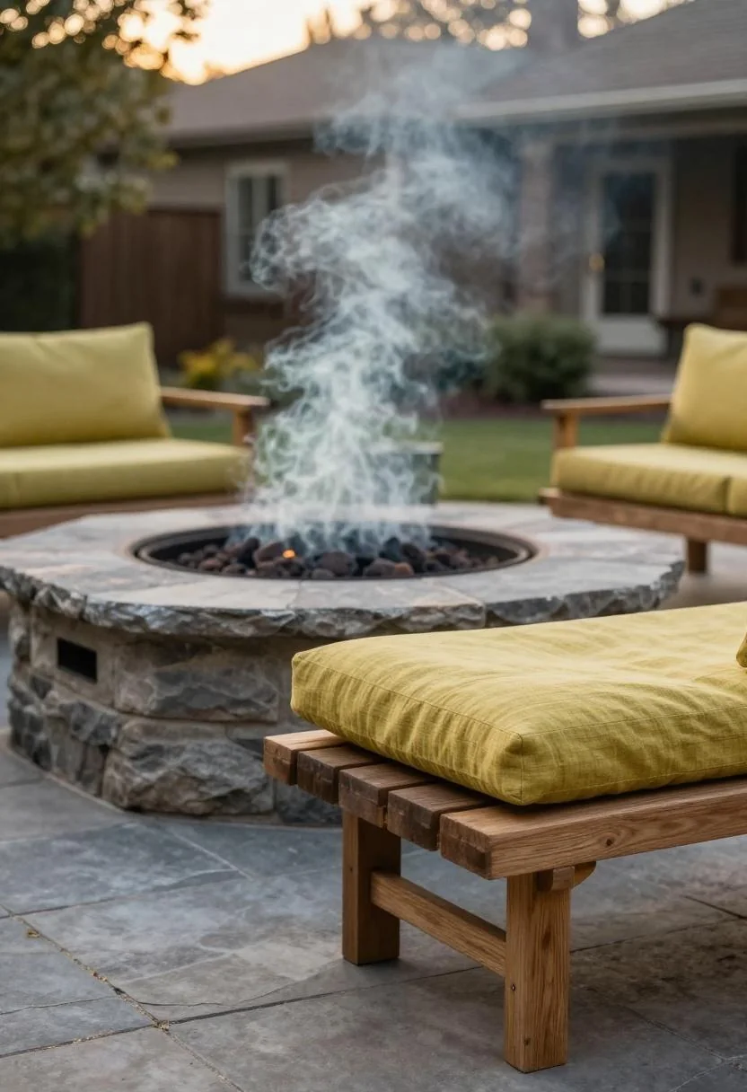 Wasabi linen cushion on a teak bench beside a stacked stone fire pit at a Craftsman bungalow