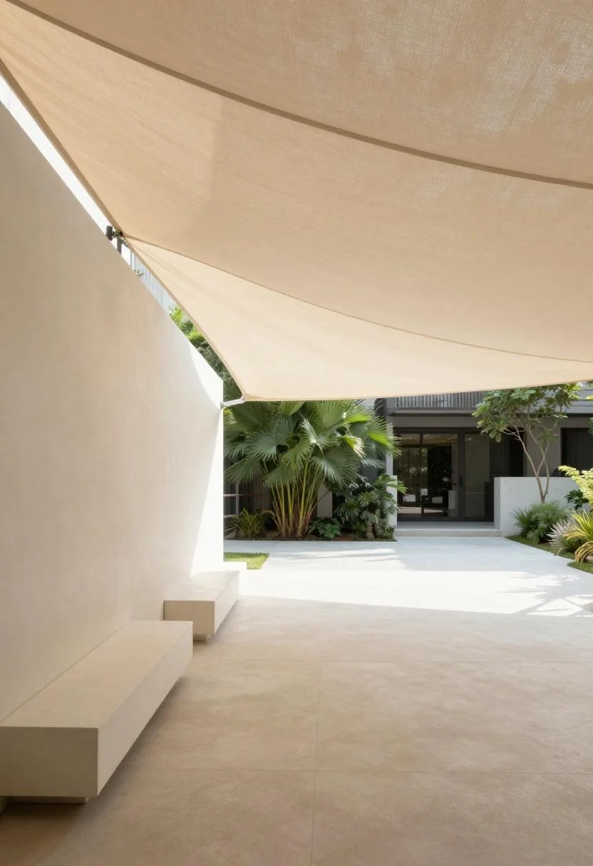 Wasabi canvas shade sail over a modern duplex shared courtyard at morning light