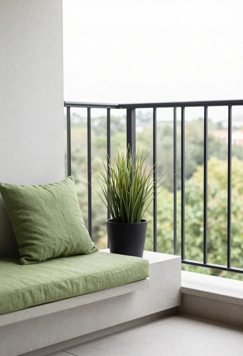 Concrete bench with wasabi cushion and steel ornamental grass planter on a modern Southern balcony