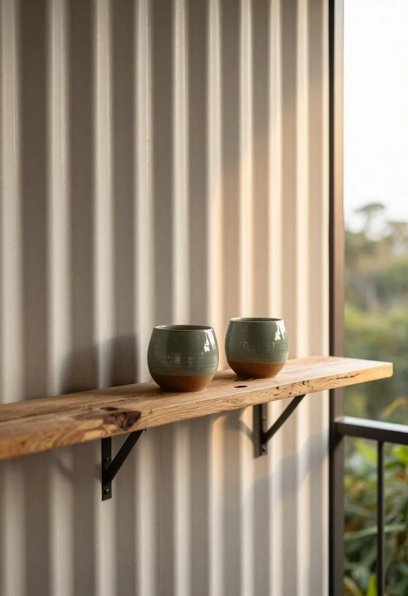 Reclaimed oak wall shelf with wasabi ceramic herb pots on a barndominium balcony
