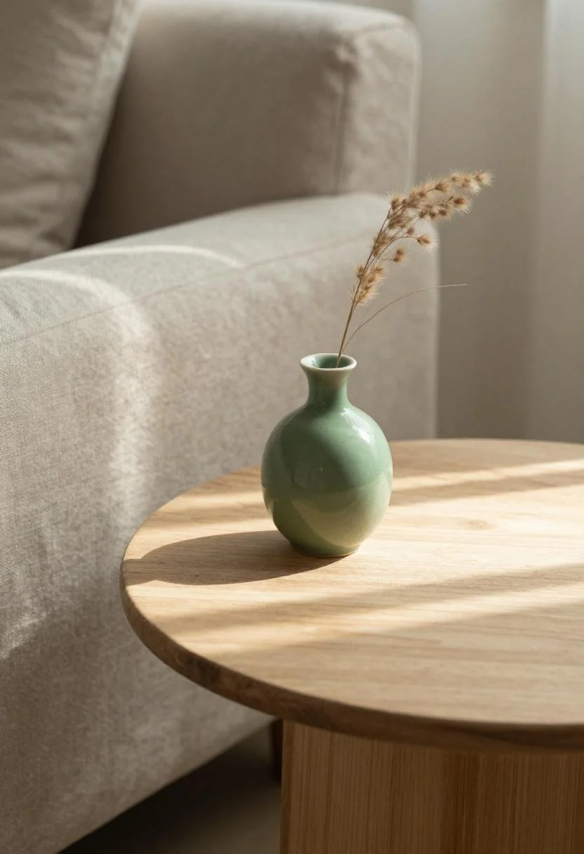 Driftwood side table with a wasabi green ceramic vase and pampas stem in gentle morning light