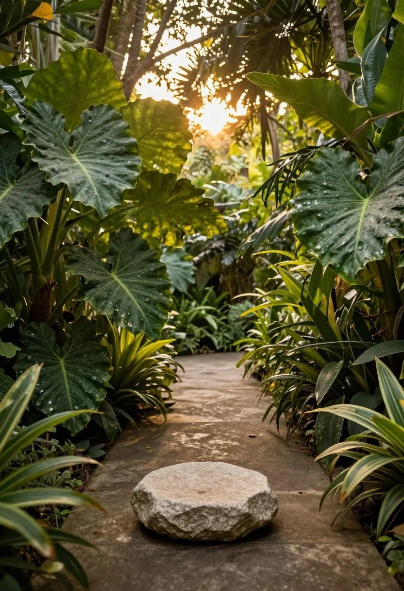Giant chartreuse elephant ear leaves framing a basalt stepping stone in tropical garden light