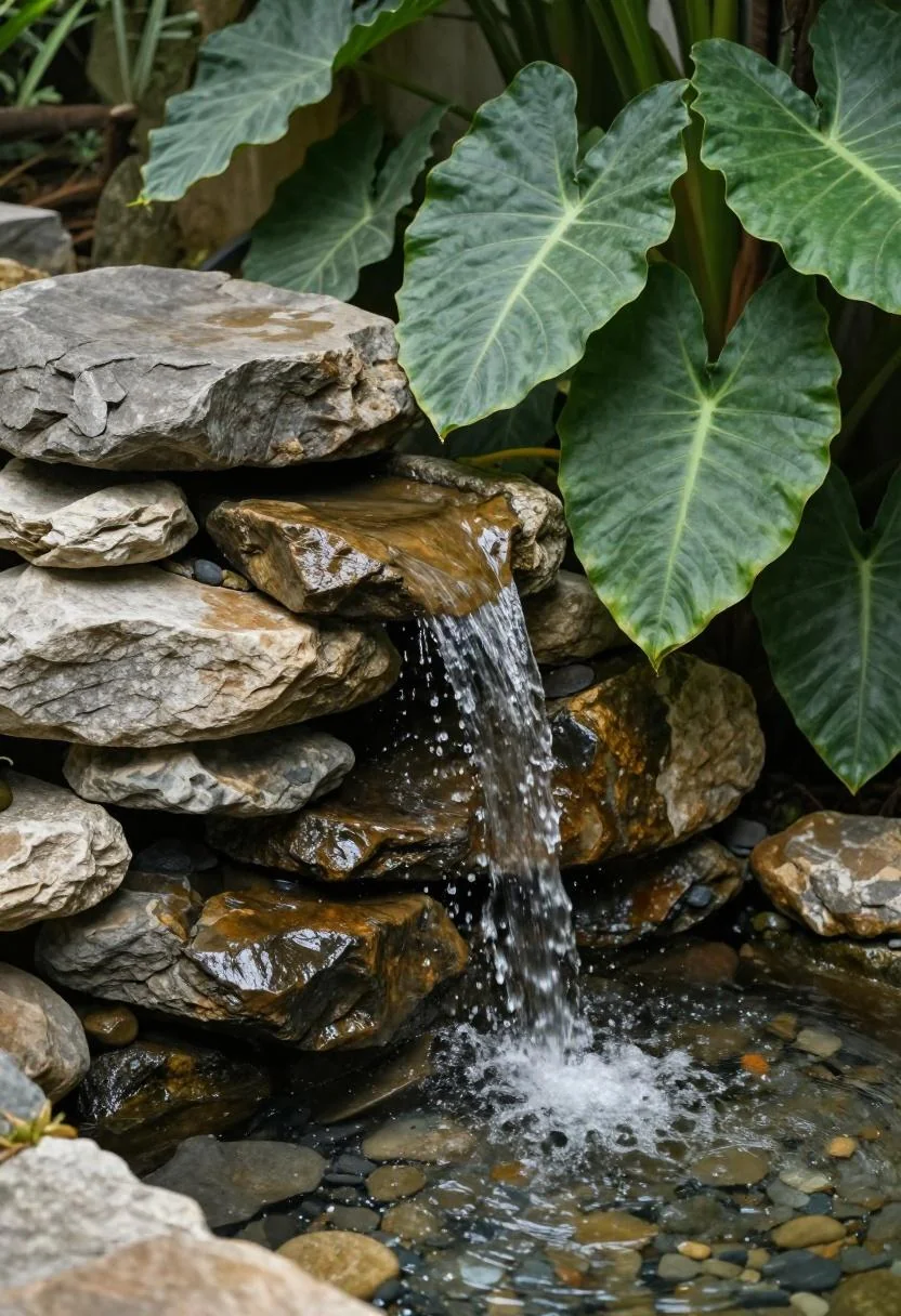 Flagstone waterfall with tropical elephant ear foliage draping over a pebble pond edge