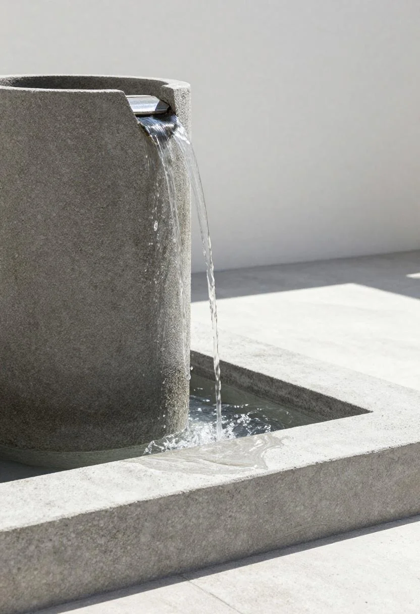 Wasabi ceramic tall pot fountain with water sheeting into a basalt basin beside a modern porch step