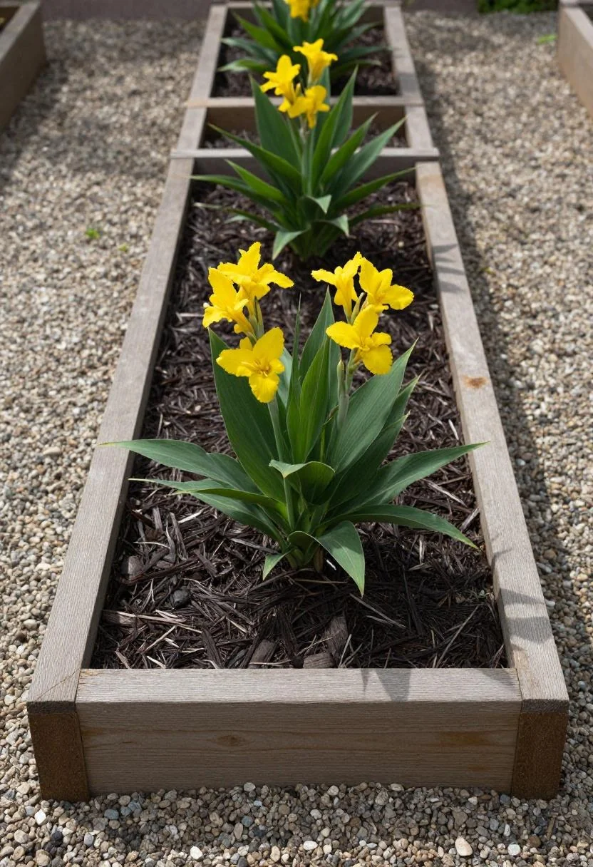 Orange canna lilies in a dense right-side border framing a clear concrete garden path in morning light
