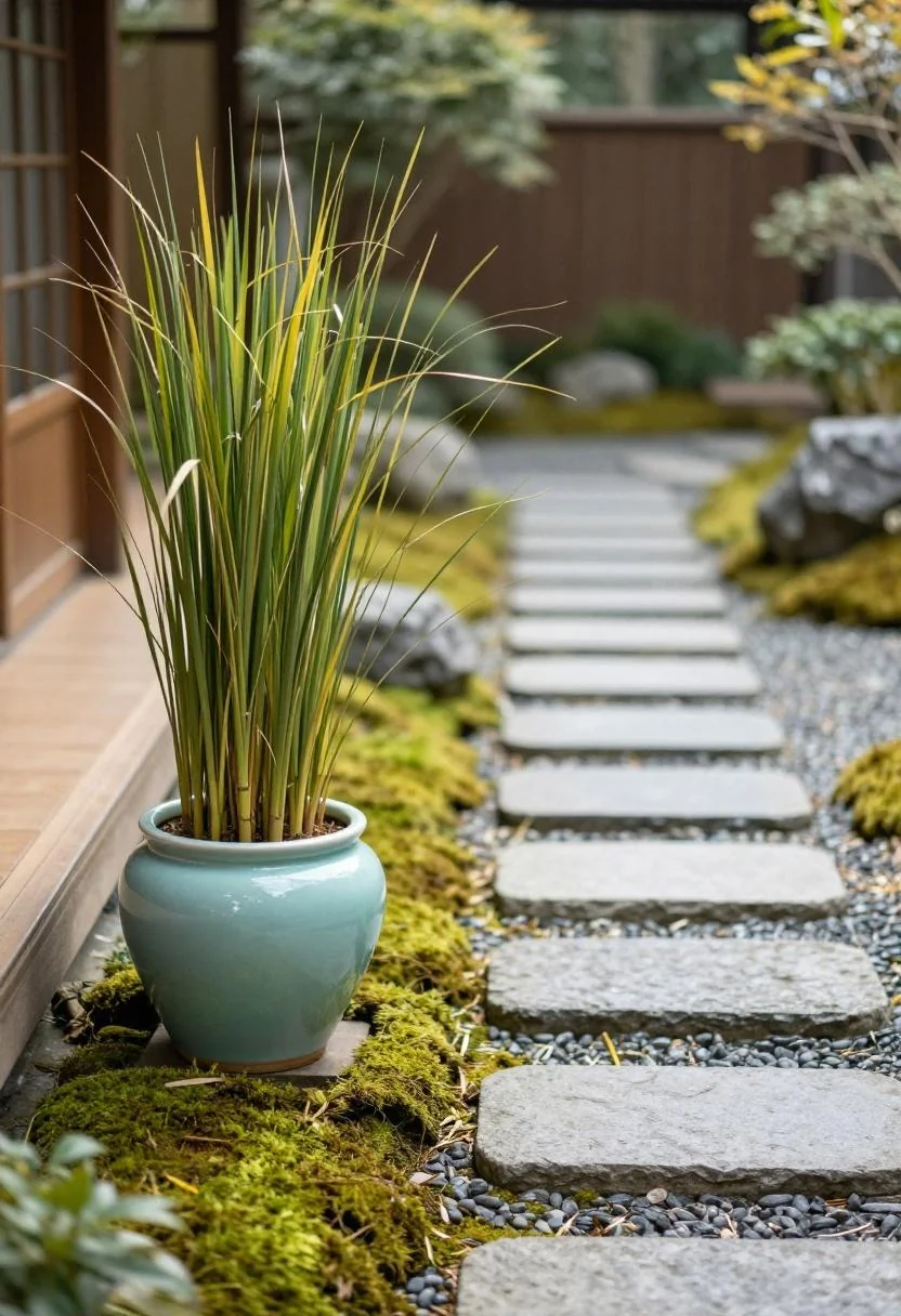Celadon ceramic planter of chartreuse bamboo grass anchoring a moss-edged garden path