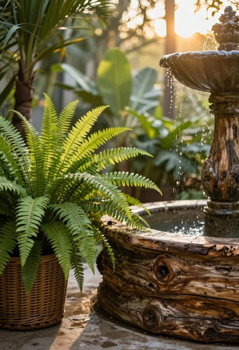 Reclaimed teak log fountain beside a wasabi-green fern in a tropical golden-hour patio corner