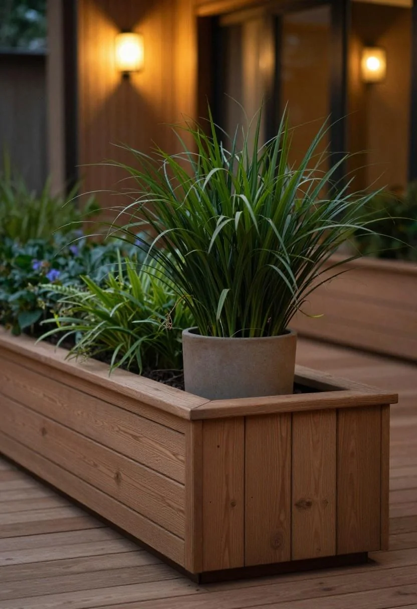 Persimmon ceramic pot with ornamental kale beside a basalt gravel bed near a fire pit patio