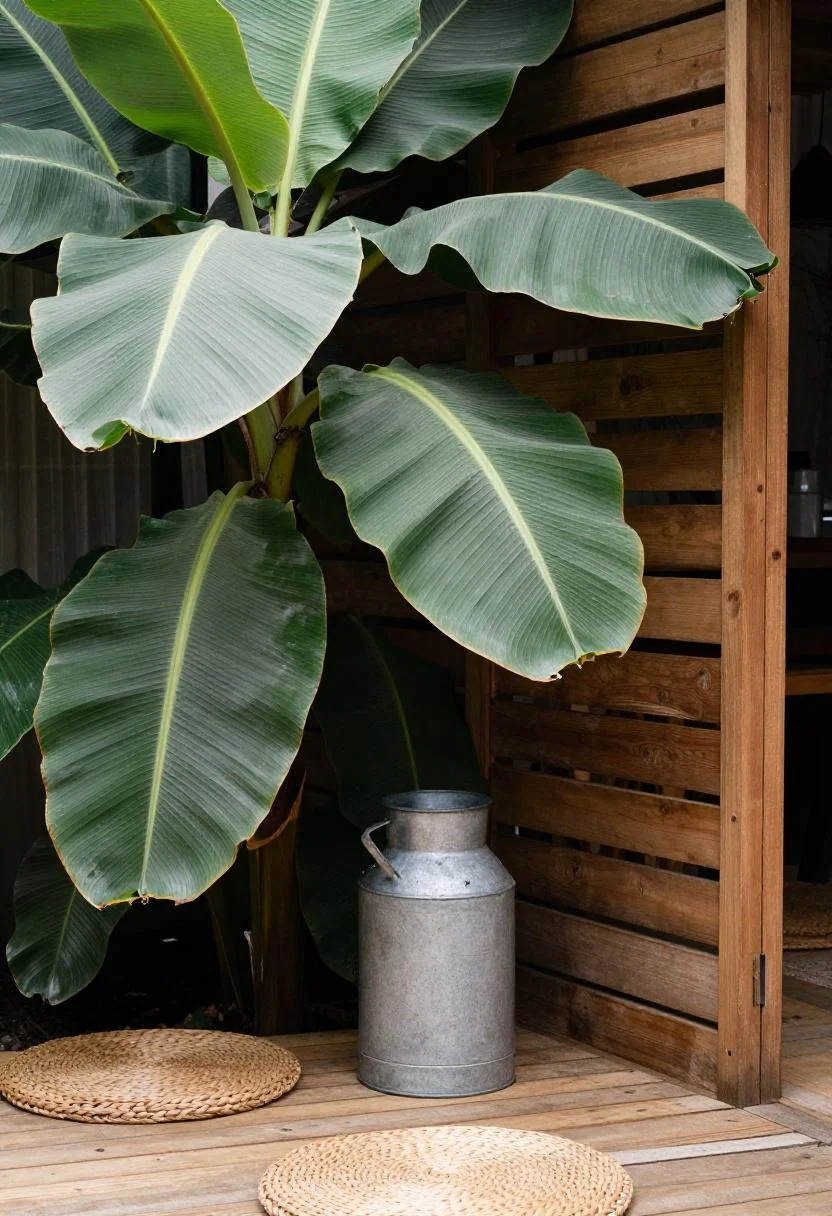 Milk can bursting with wasabi banana leaves against a tropical teak screen