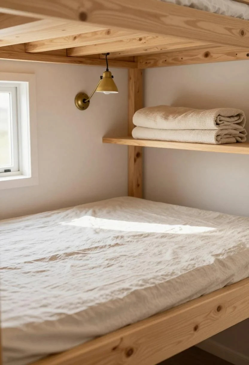 Pine overhead bunk with persimmon linen sheet and built-in oak shelf in a camper