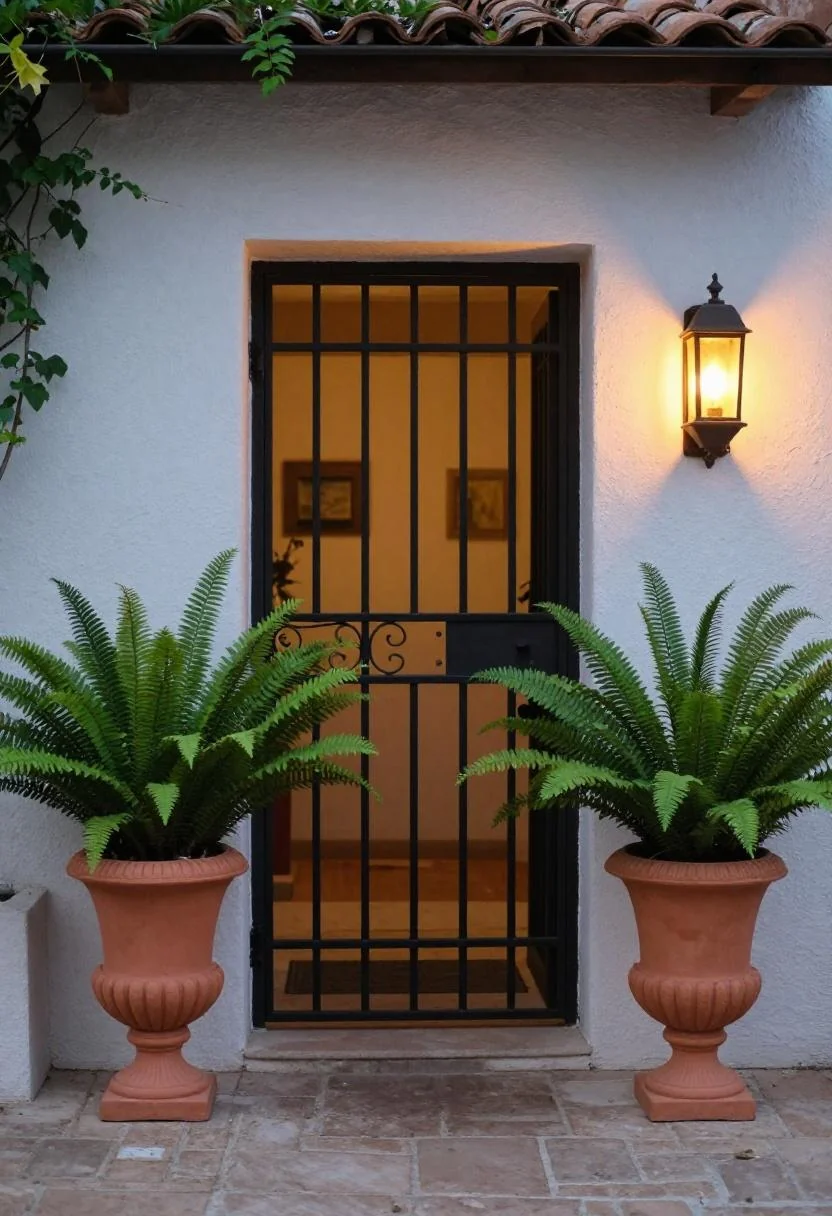 Ribbed terracotta pot with Kimberly Queen fern on the edge of a brick porch step in morning light