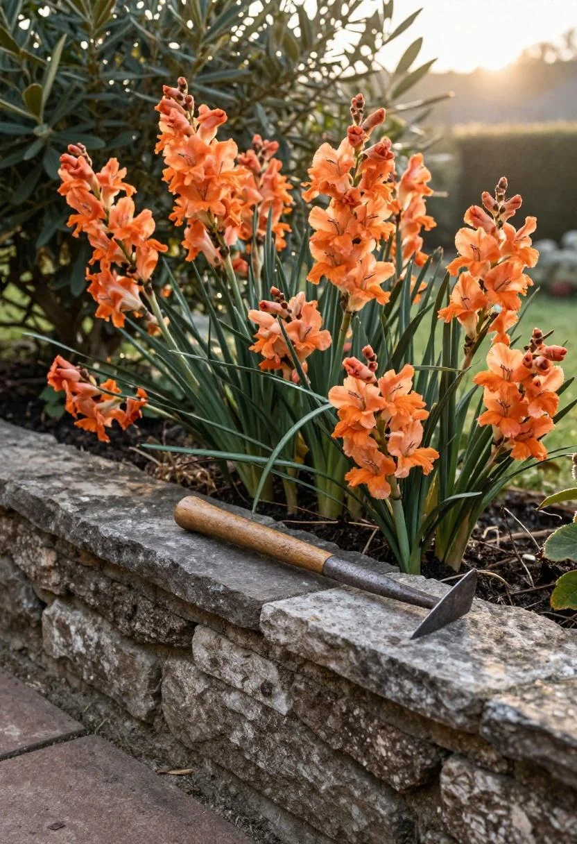 Persimmon crocosmia arching over a low stone wall beside a cottage garden front border