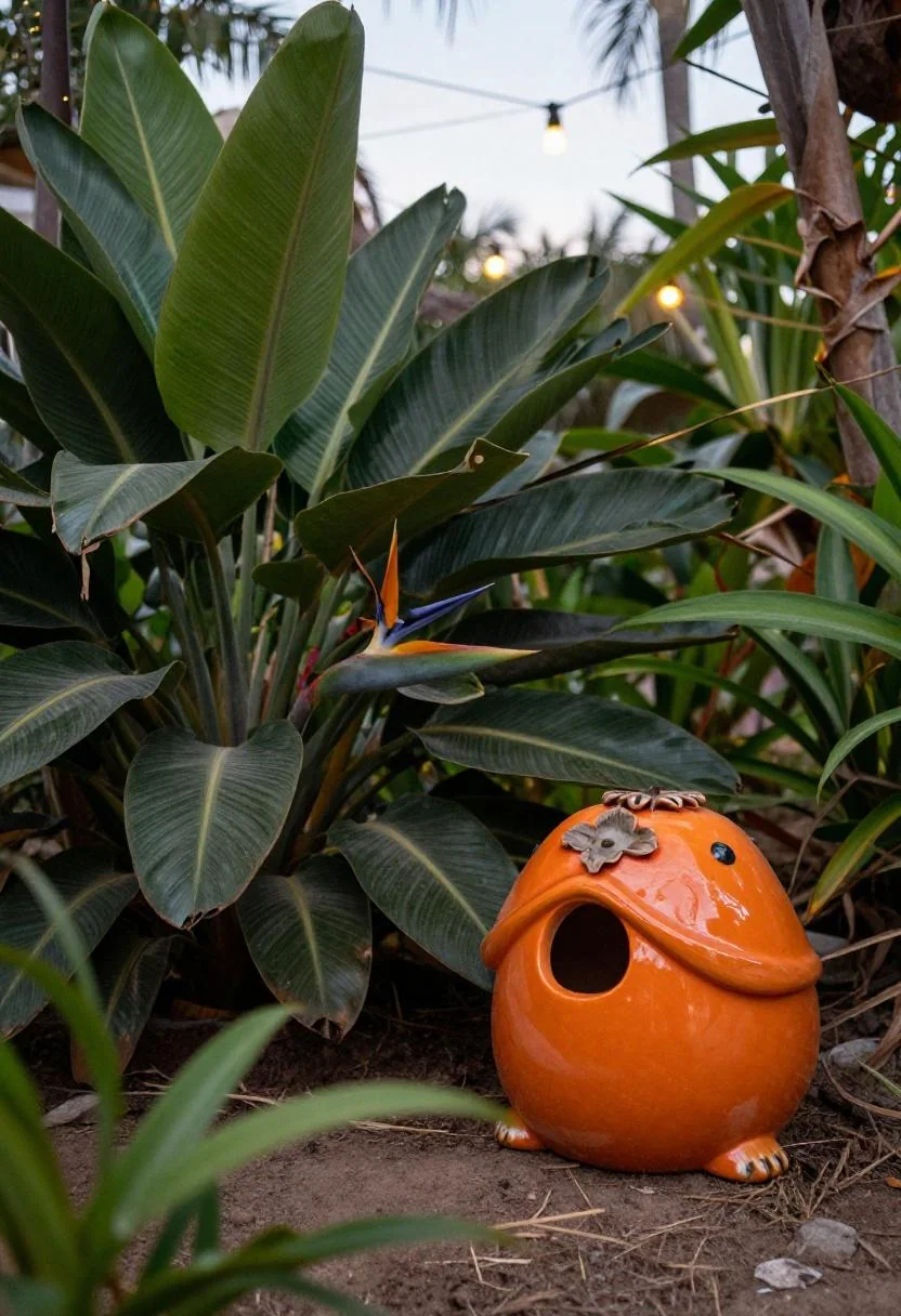 Persimmon ceramic toad house nestled beside bird of paradise in tropical dusk light