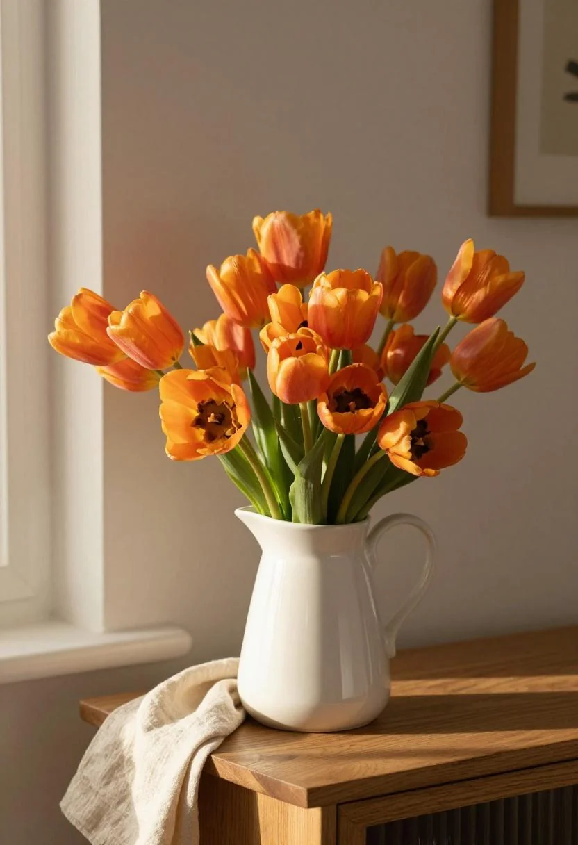 Persimmon tulips in a white ceramic pitcher on an oak console table in golden hour light