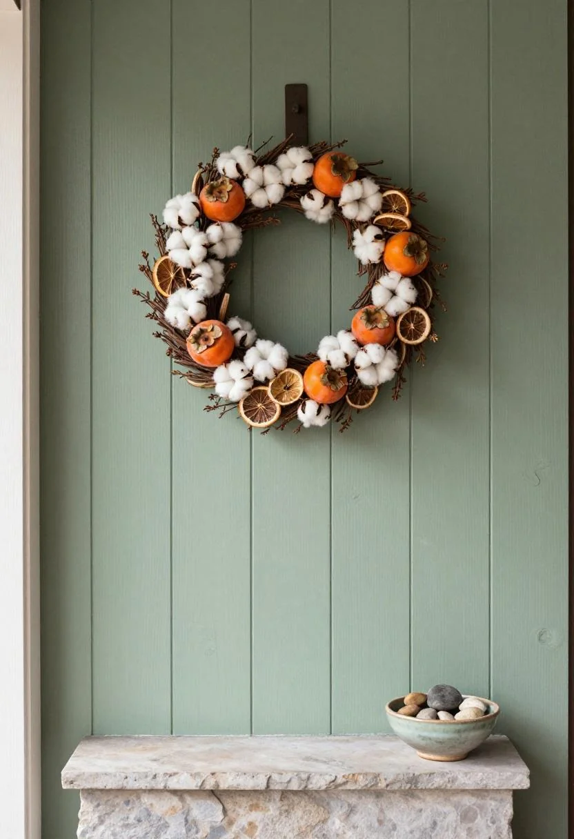 Persimmon dried citrus wreath on sage shiplap door with stoneware bowl of river stones
