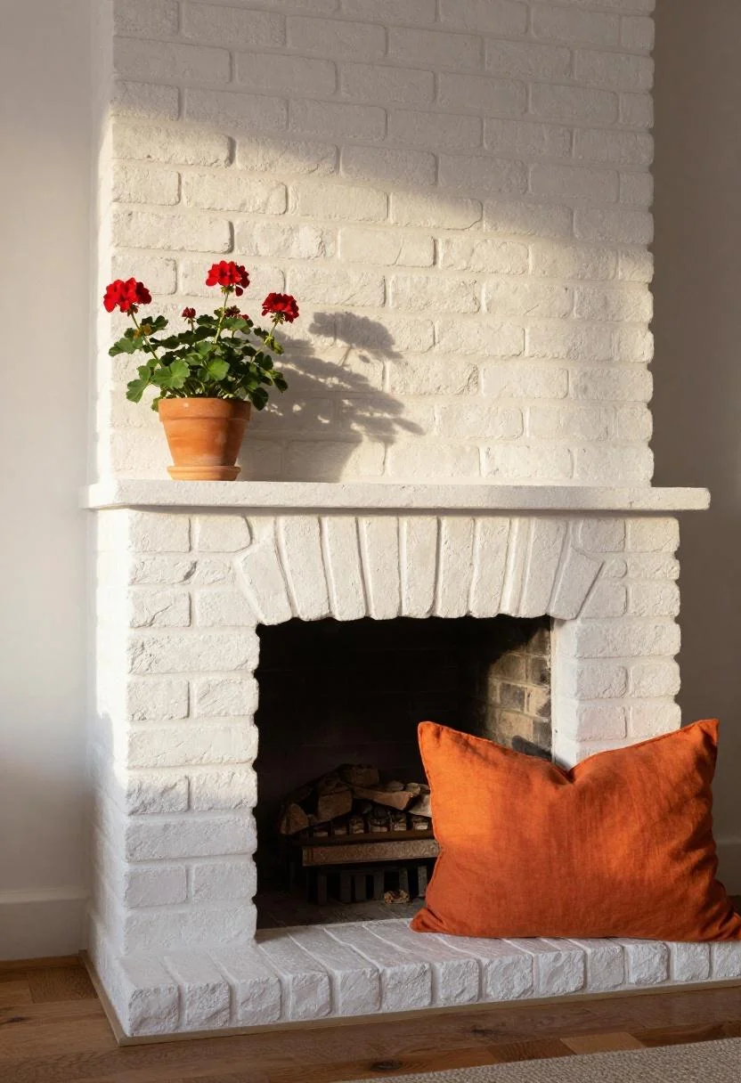 Persimmon lumbar pillow and red geraniums at a brick hearth create a warm cottagecore Fourth of July living room accent