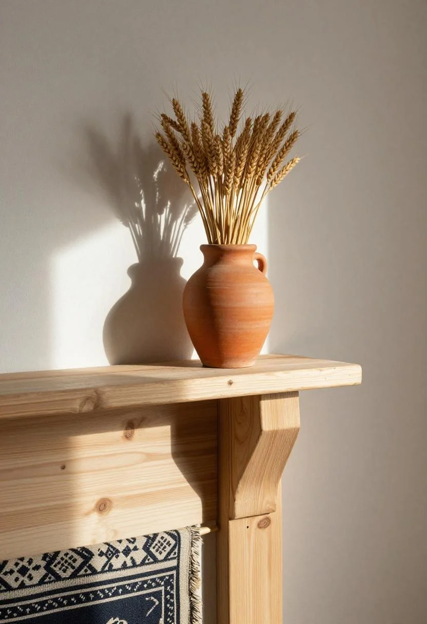 Persimmon-dipped dried wheat in a terracotta crock on a reclaimed pine mantel for Afrohemian patriotic decor