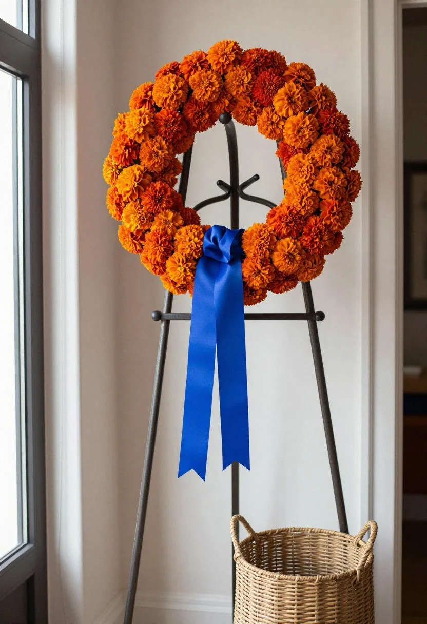 Maximalist patriotic wreath covered in persimmon marigolds and bold textures displayed on an iron coat rack