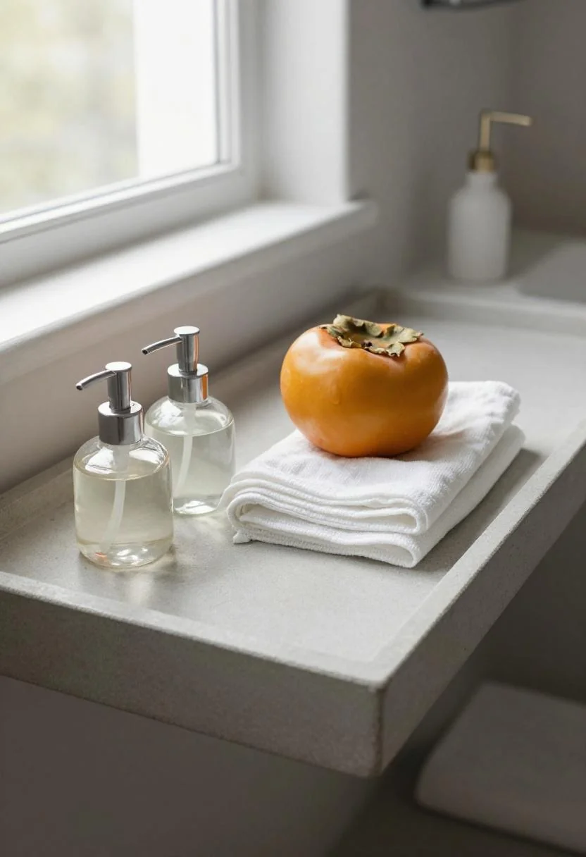 Concrete bathroom tray with persimmon washcloth and glass dispenser on a linen shelf