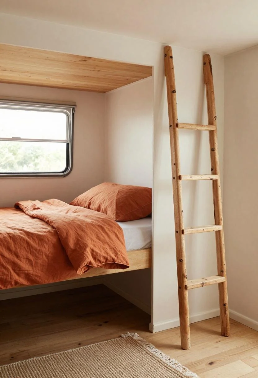 Camper sleeping loft with persimmon linen duvet and birch ladder rungs on wall