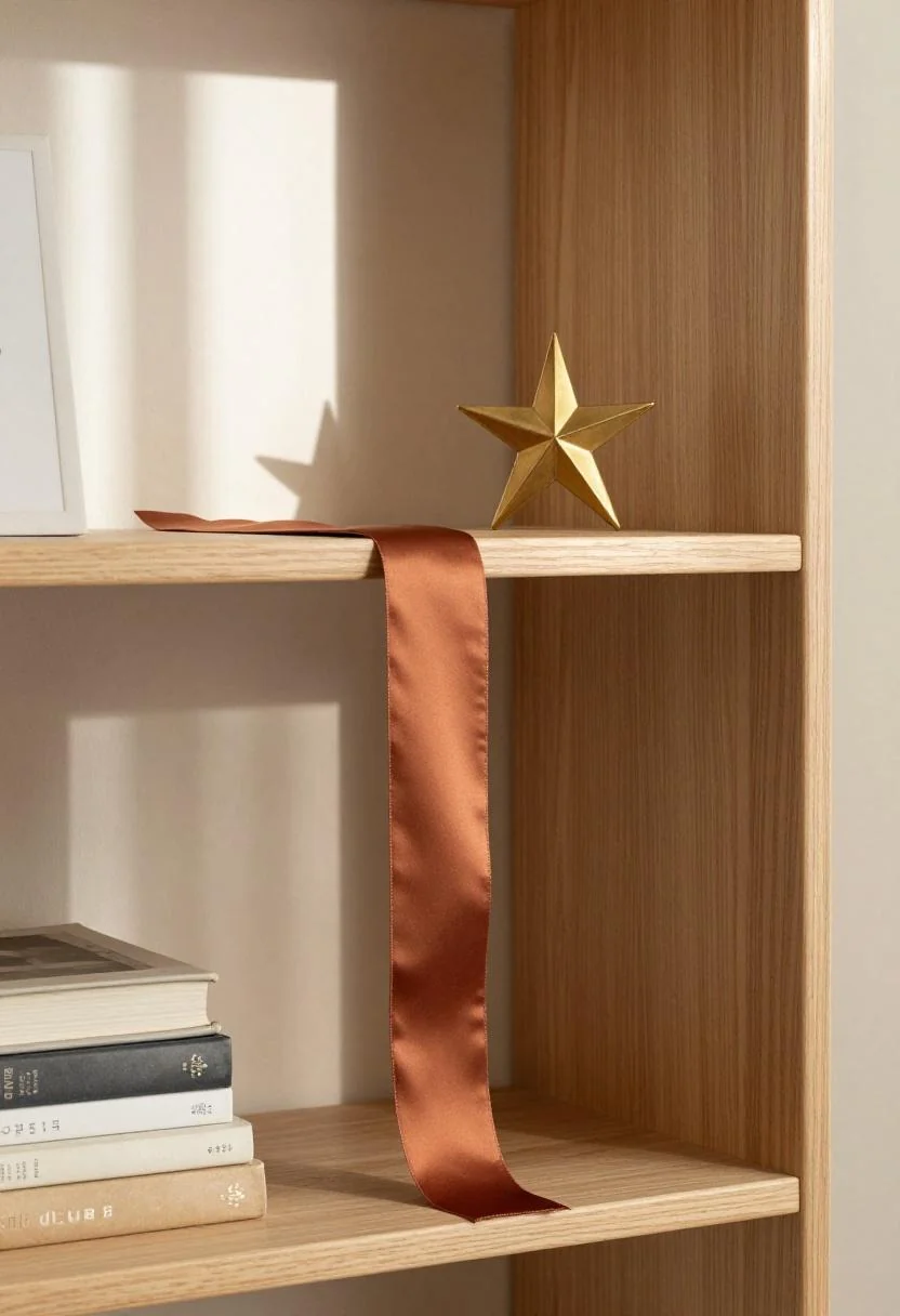 Oak bookshelf with persimmon silk ribbon and brass star sculpture