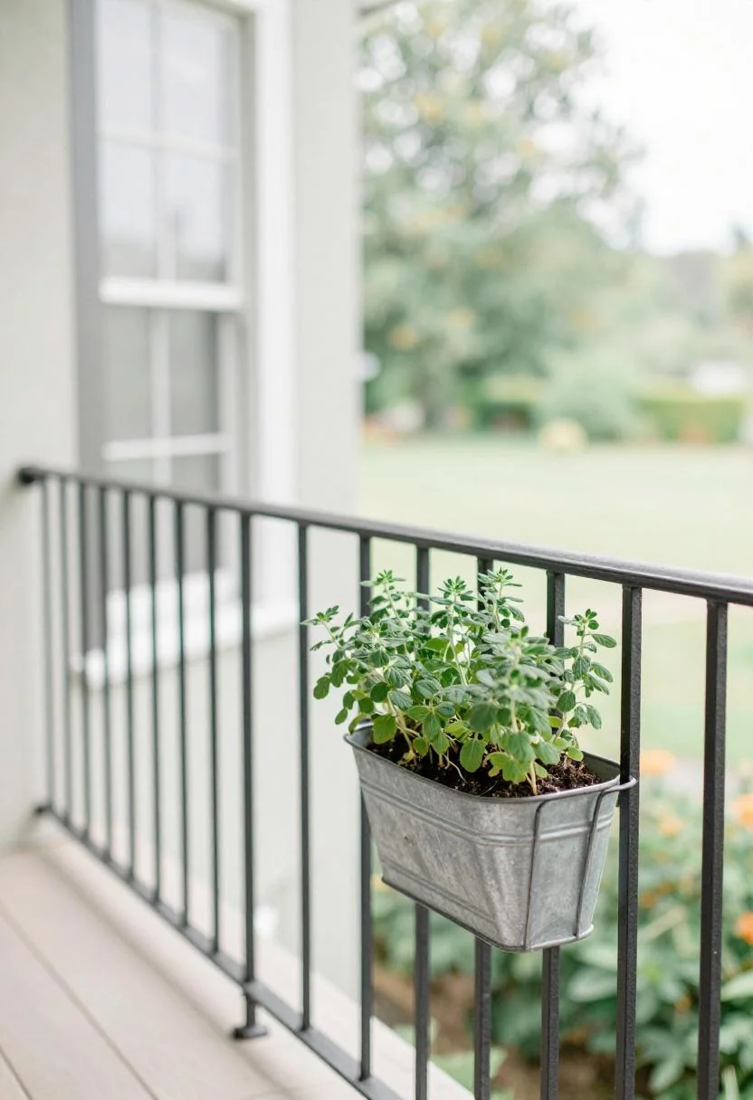 Persimmon wrought iron balcony railing with a galvanized herb planter on a Craftsman bungalow