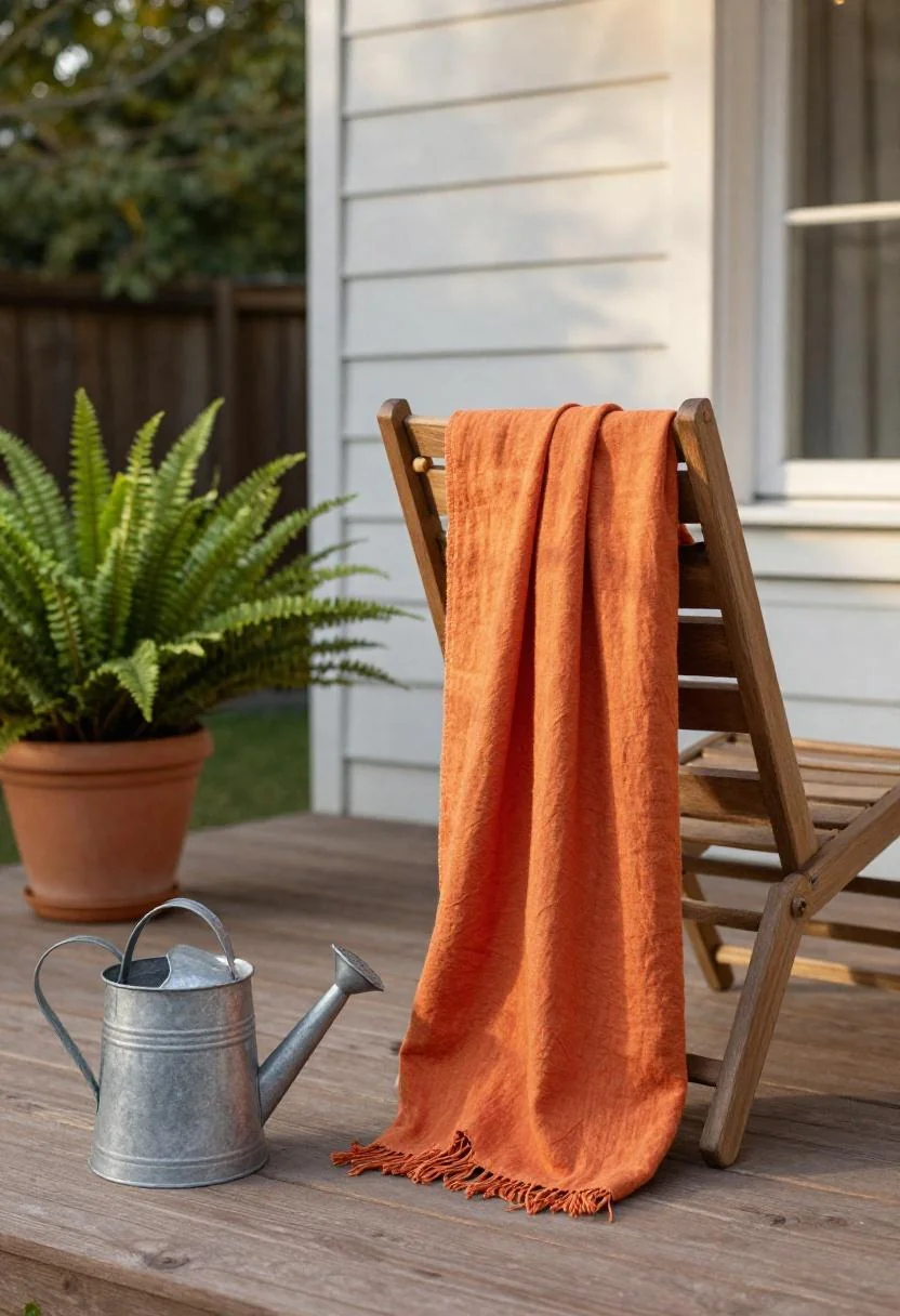 Persimmon linen throw on a teak lounge chair and fern on a golden hour duplex backyard deck