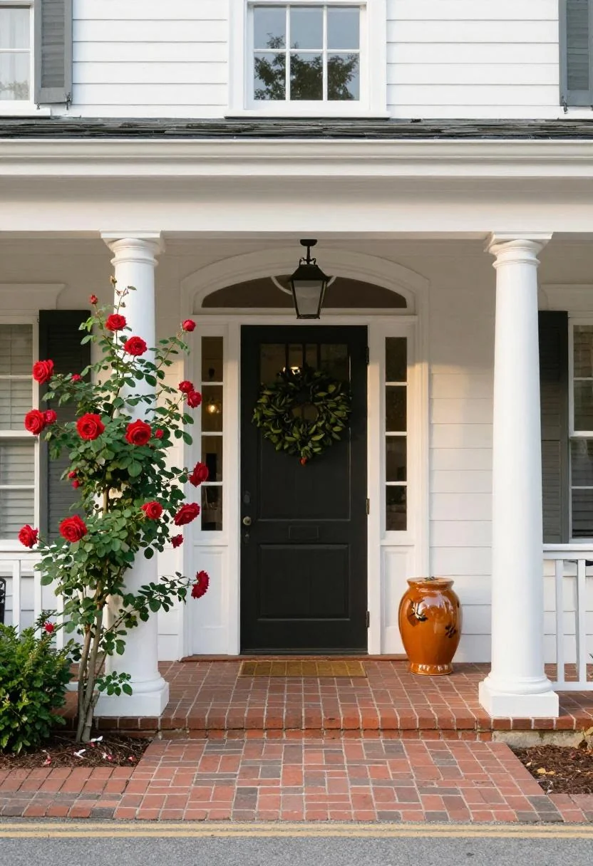 Persimmon ceramic garden stool and climbing rose framing a Colonial porte-cochère at golden hour