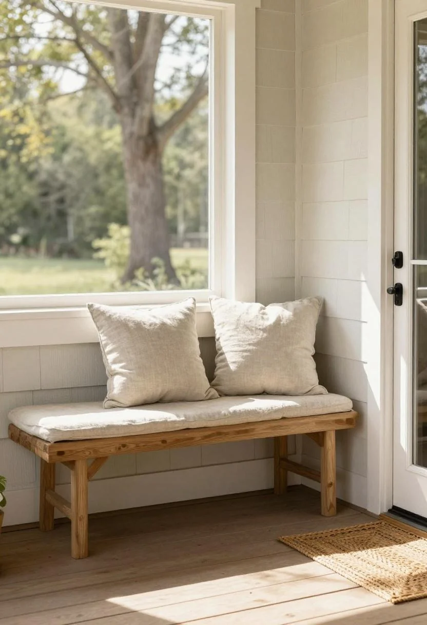Pine porch bench with persimmon linen cushions beside a shiplap barndominium entry