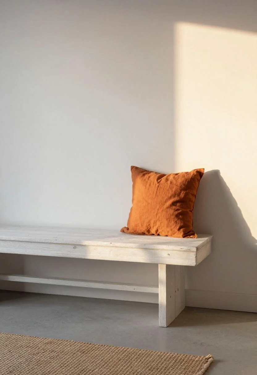 Oak bench with a persimmon linen bolster and jute rug detail in warm Hamptons evening light