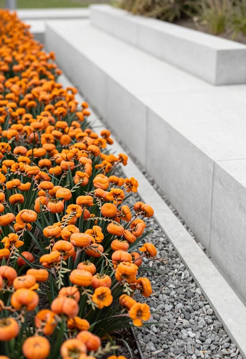 Persimmon crocosmia spikes shooting from gravel against a minimalist concrete retaining wall