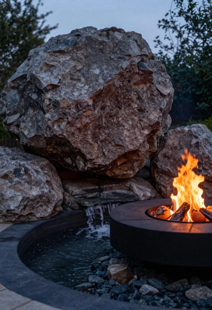 Granite boulder waterfall beside a glowing fire pit in a backyard garden at dusk