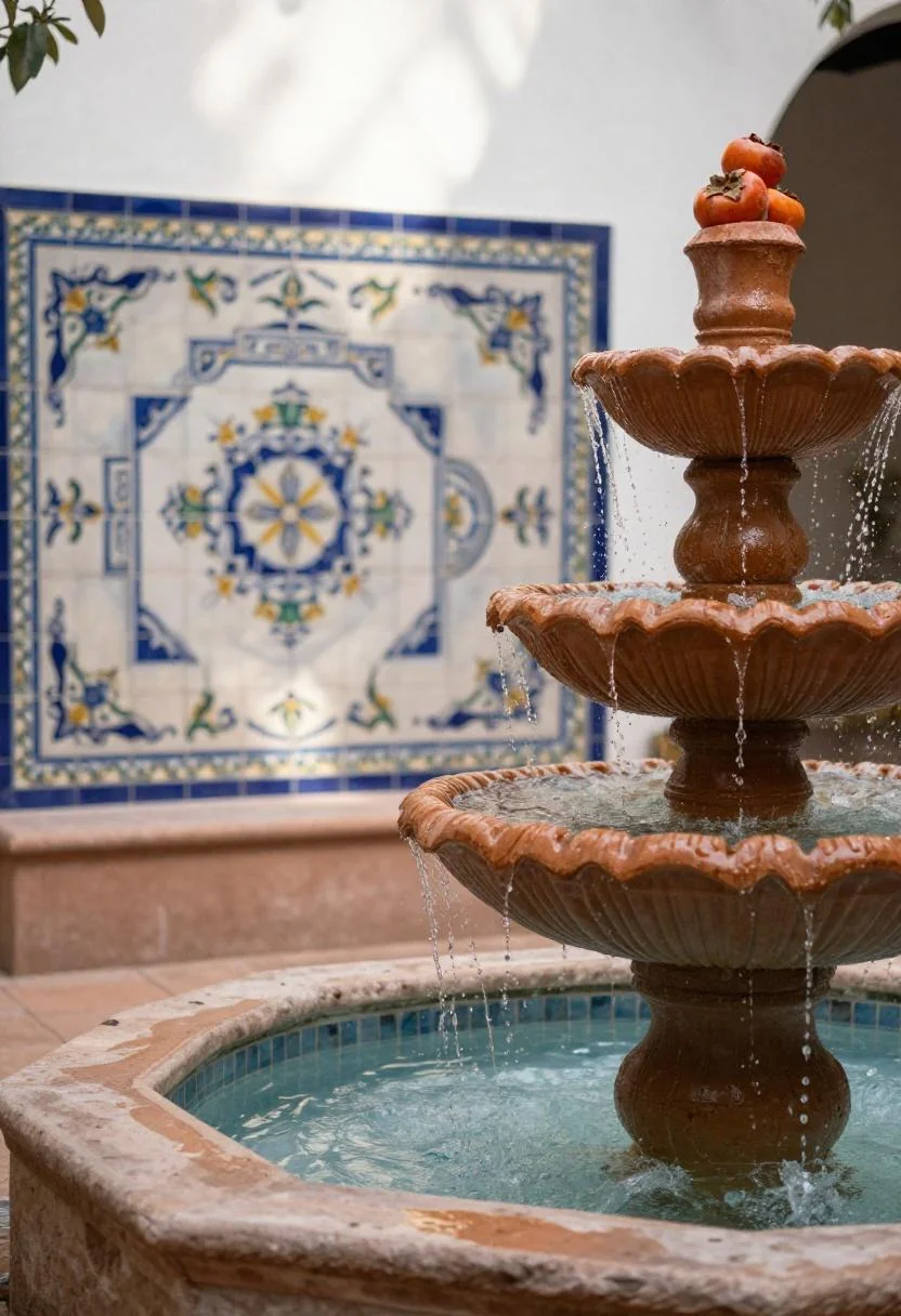Persimmon stacked-pot fountain cascading in a Spanish courtyard corner with painted tile backdrop