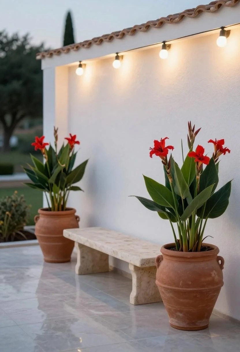 Yellow canna lilies filling a raised cedar garden bed surrounded by dark mulch and a pea gravel pathway