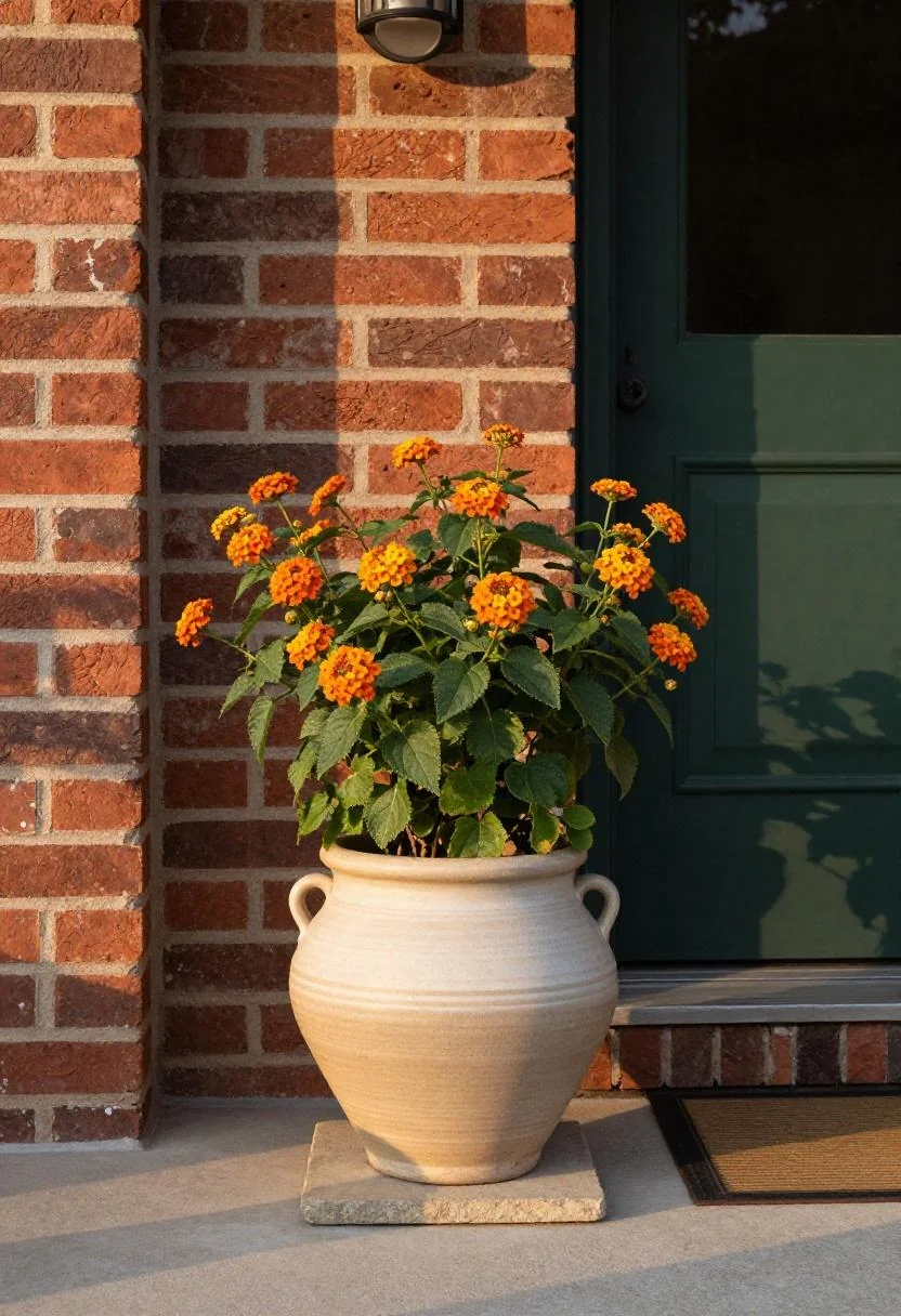 Hand-thrown ceramic pot of orange lantana resting on sandstone beside a dark-green front door at golden hour