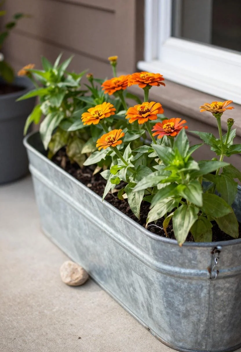 Galvanized steel trough with persimmon zinnias beside a farmhouse front step in morning sun