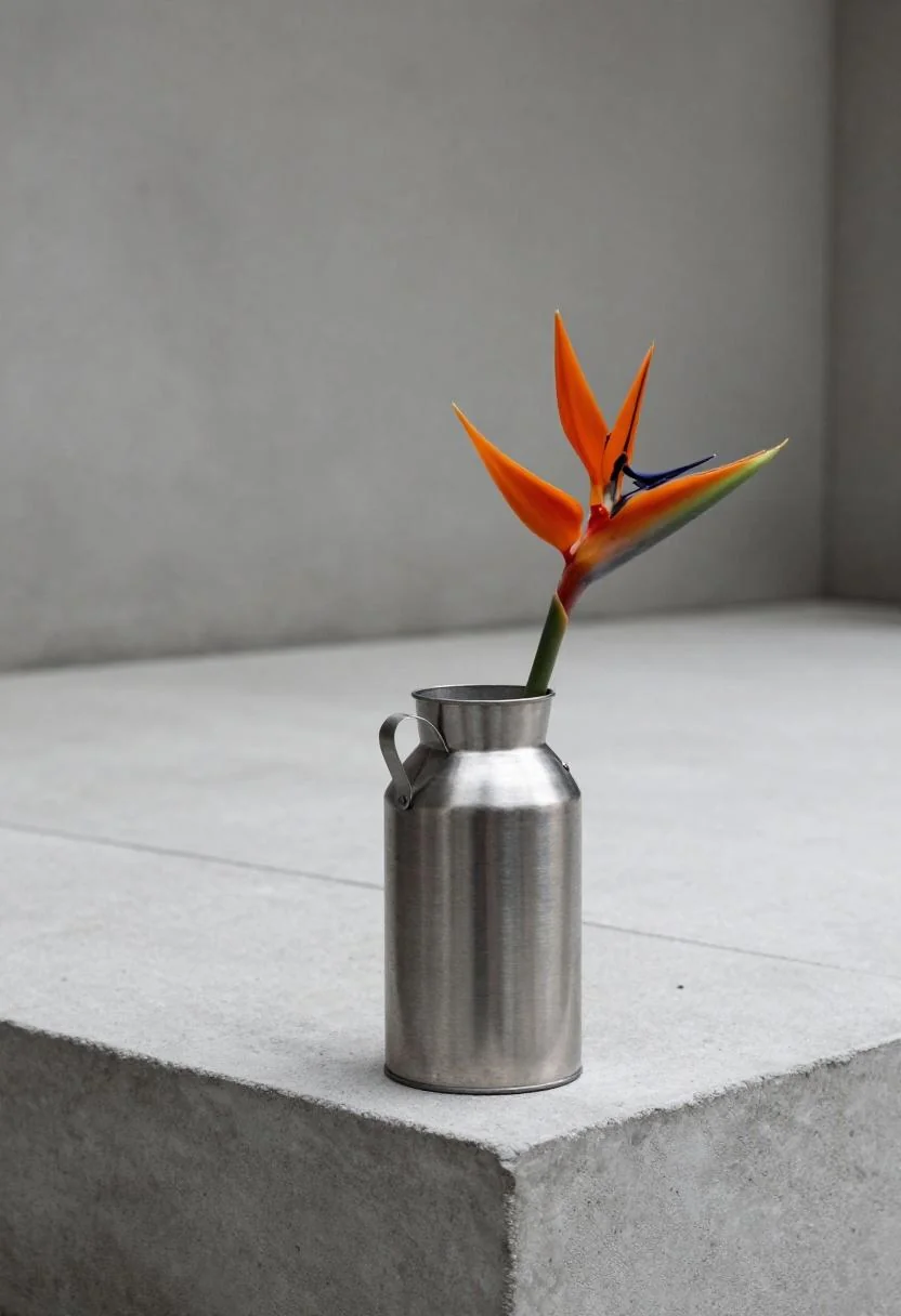 Brushed steel milk can with a single persimmon Bird of Paradise on a concrete patio
