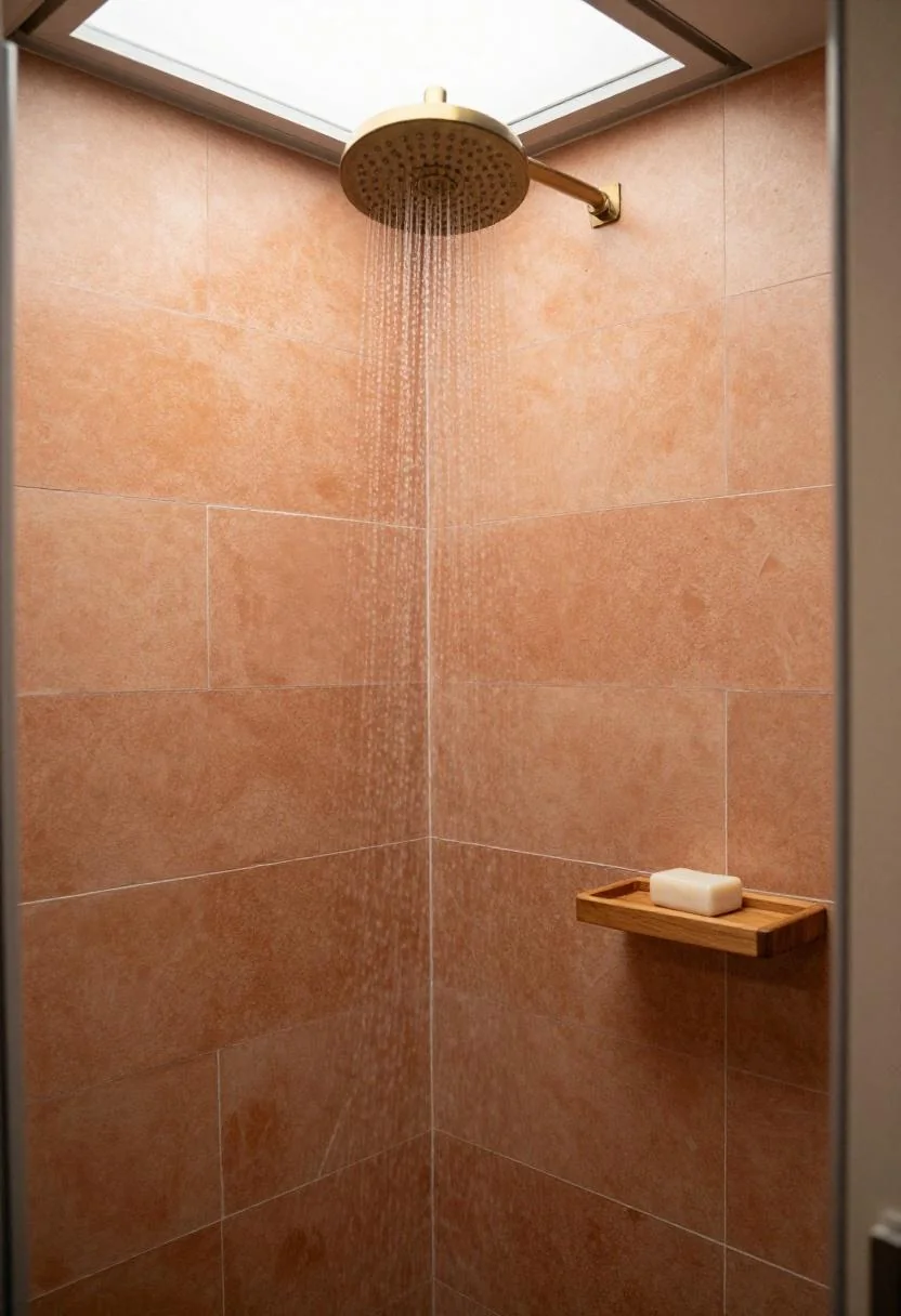 Terracotta encaustic tile camper shower with teak corner shelf and brass showerhead