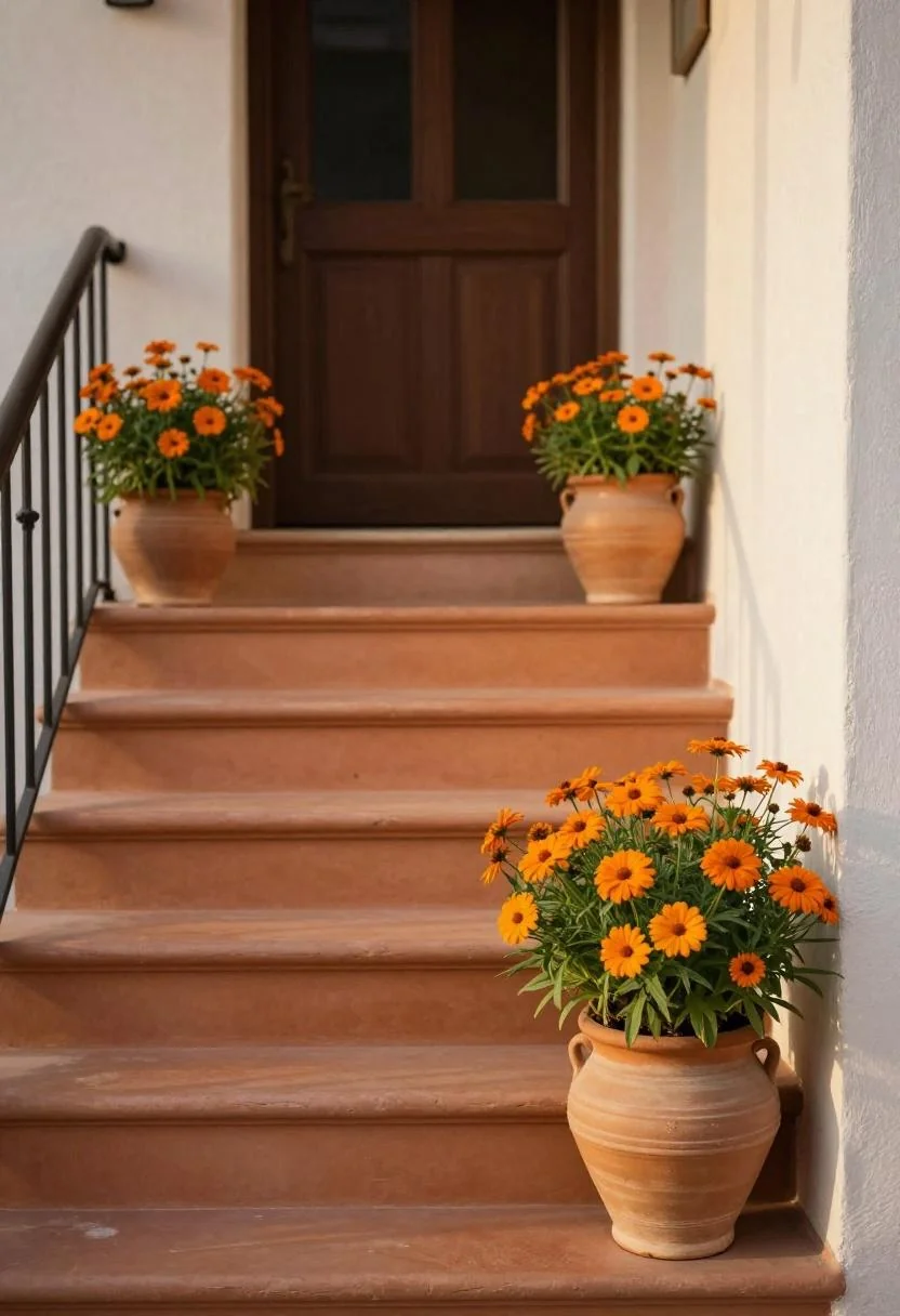 Terracotta rudbeckia in a ceramic pot anchoring the right side of a Mediterranean porch step