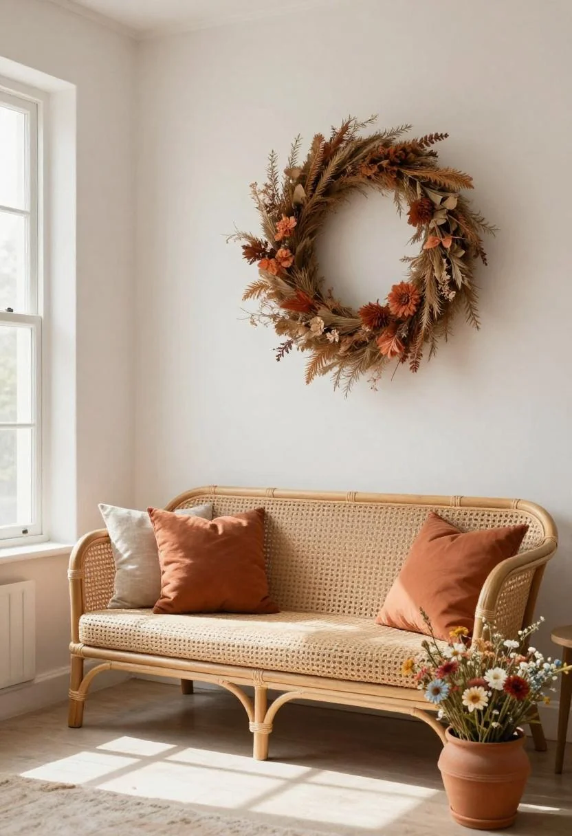 Terracotta dried flower wreath above a rattan sofa with a matching wildflower pot to the side