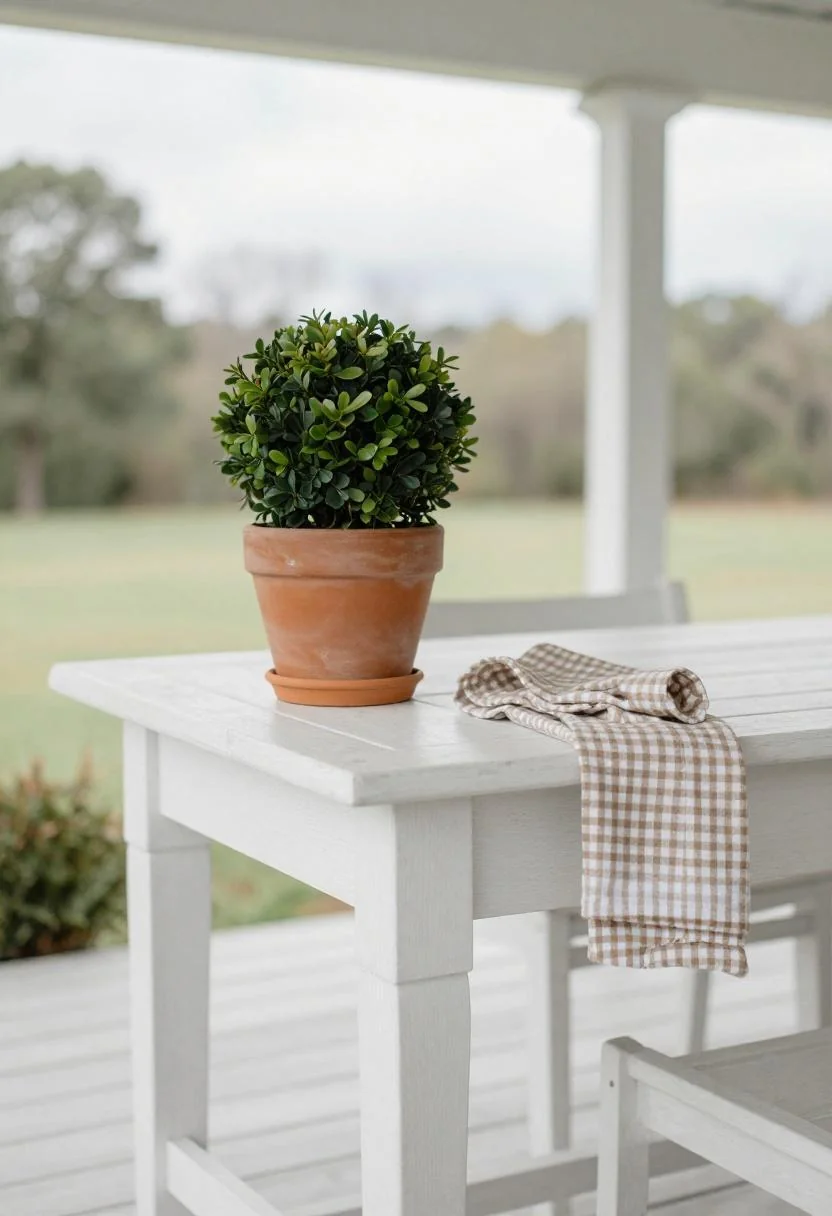 Warm Terracotta glazed pot with boxwood topiary on a whitewashed cedar porch table