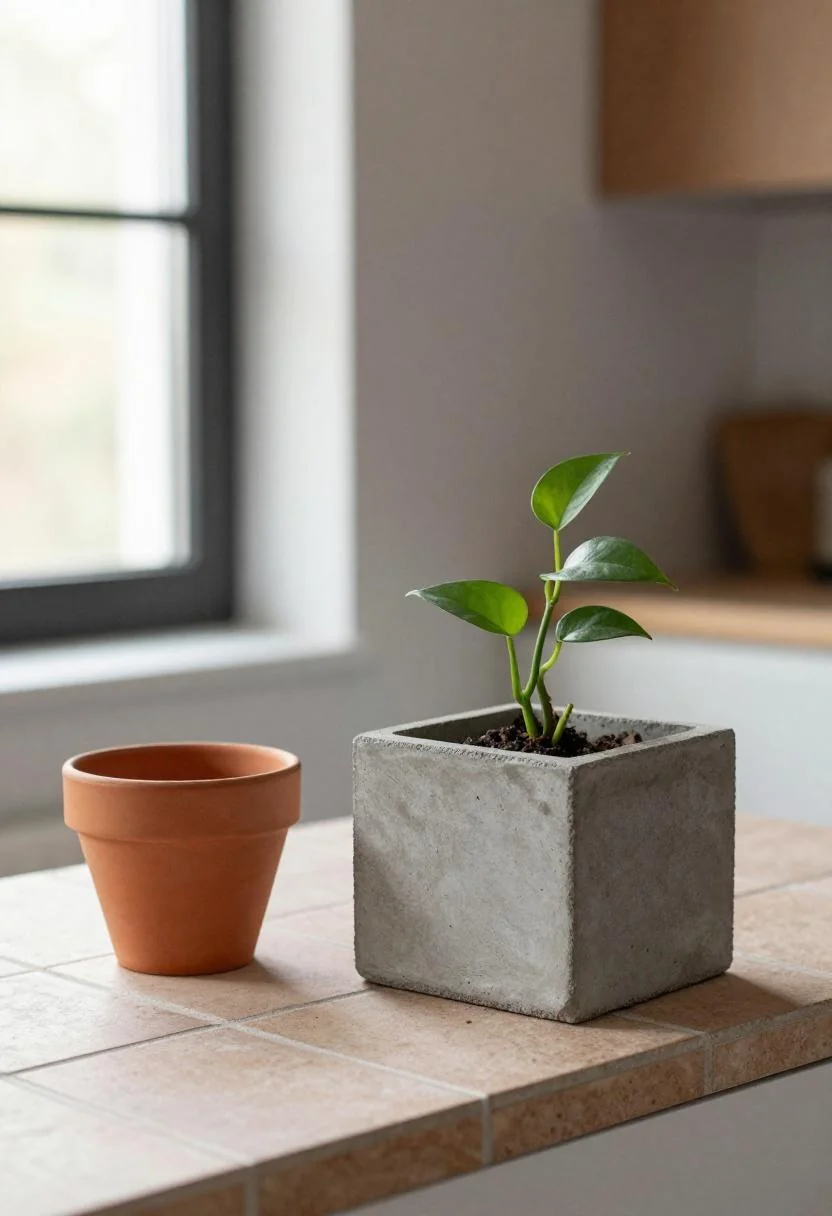 Handmade cement pot with pothos plant beside a warm terracotta ceramic on a kitchen shelf