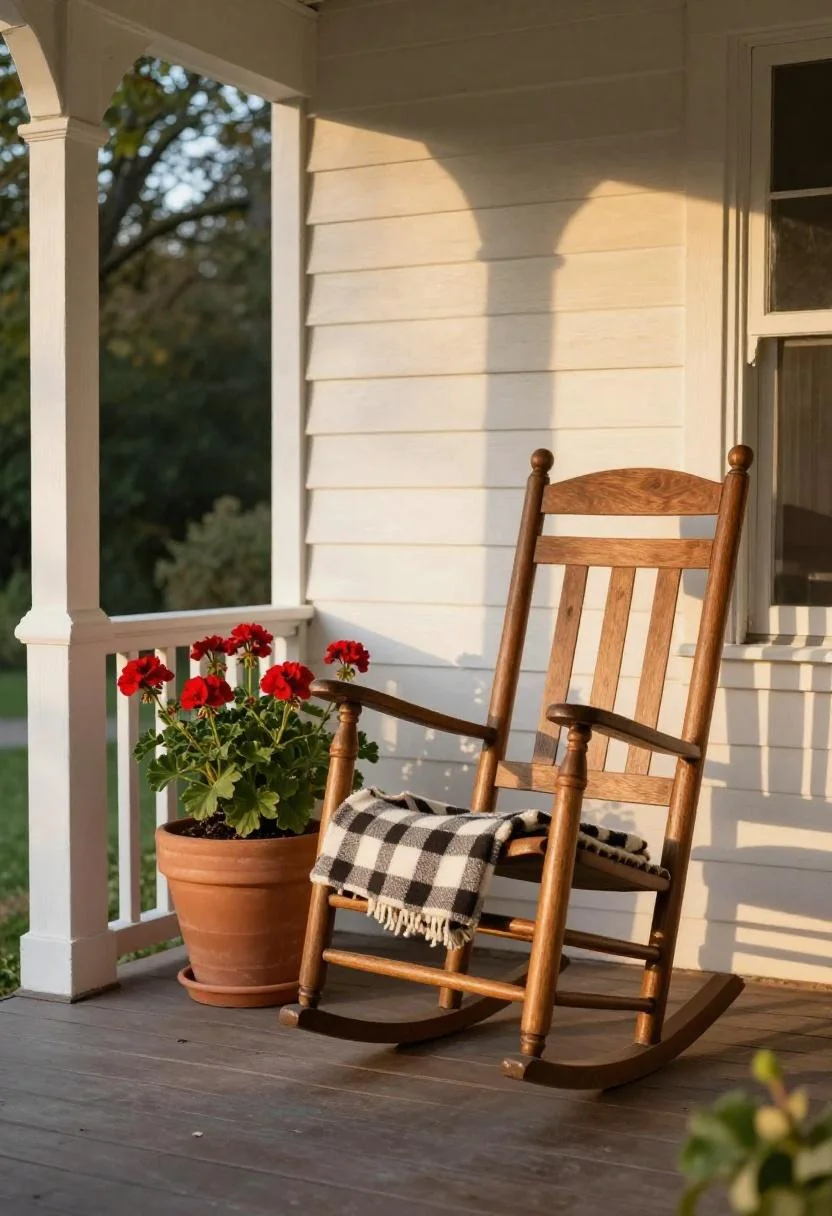 Cottagecore porch with rocking chair, terracotta geranium planter, and buffalo-check blanket