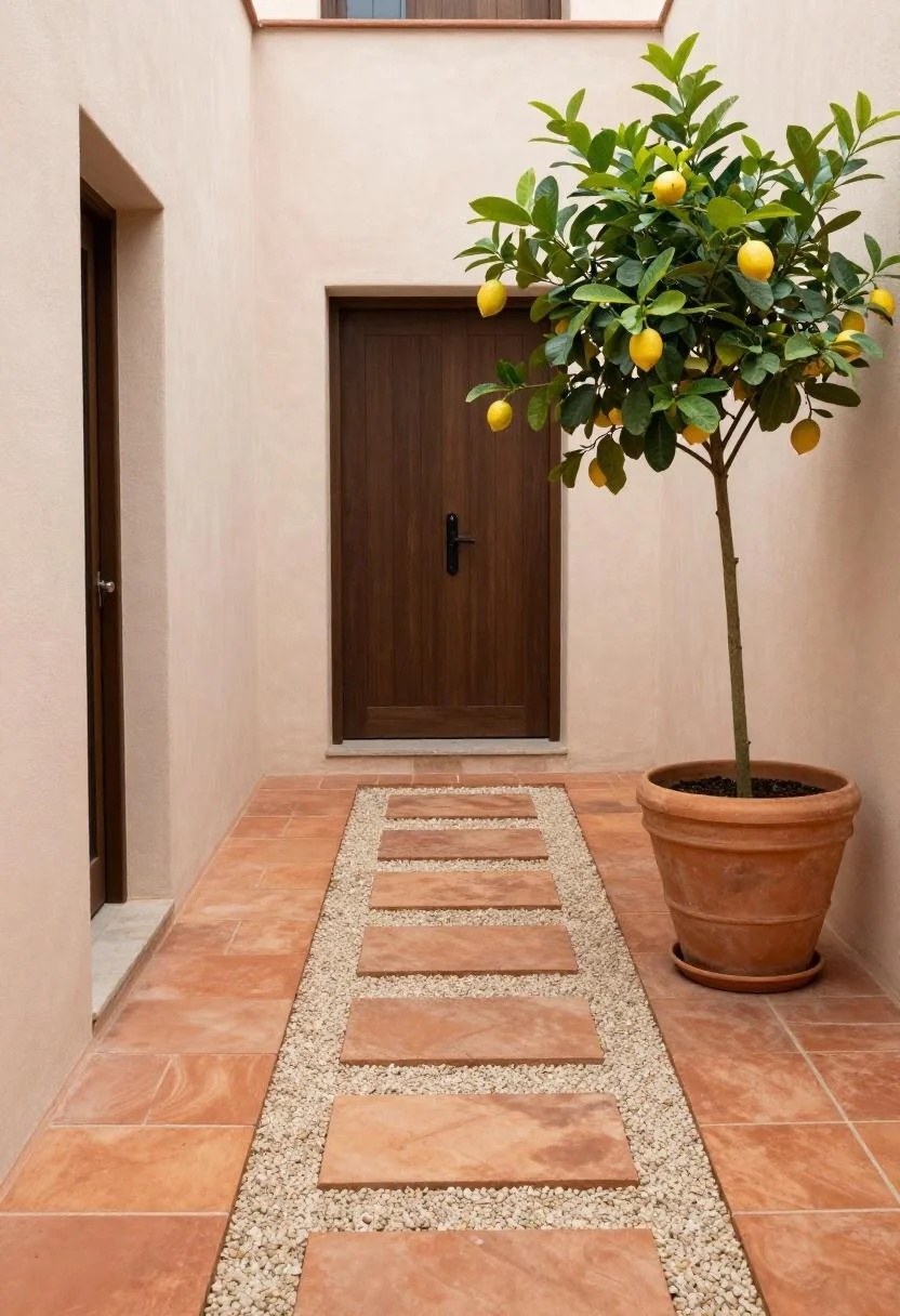 Warm terracotta tiled path and lemon tree pot at a sunlit duplex garden entry